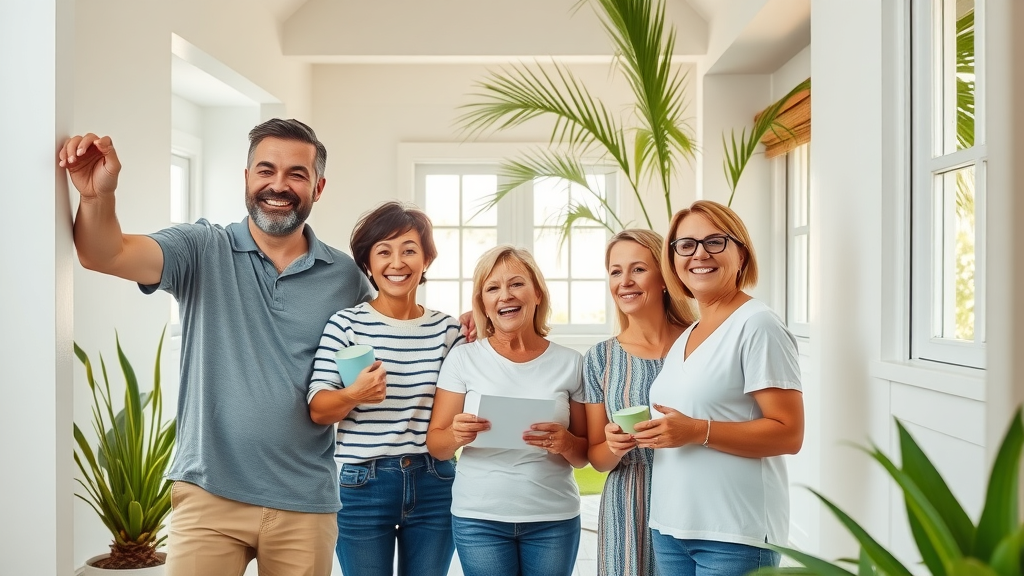 vibrant family home in Surfside Beach with cheerful residents admiring freshly painted walls, happy atmosphere, palm trees and coastal flora in the background, sunlight filtering through windows, interior and exterior painting in Surfside Beach SC
