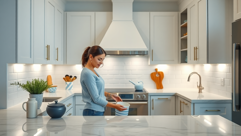 sleek modern kitchen in Surfside Beach fully repainted, calm homeowner arranging items, flawless cabinet painting and interior paint finish, coastal color palette