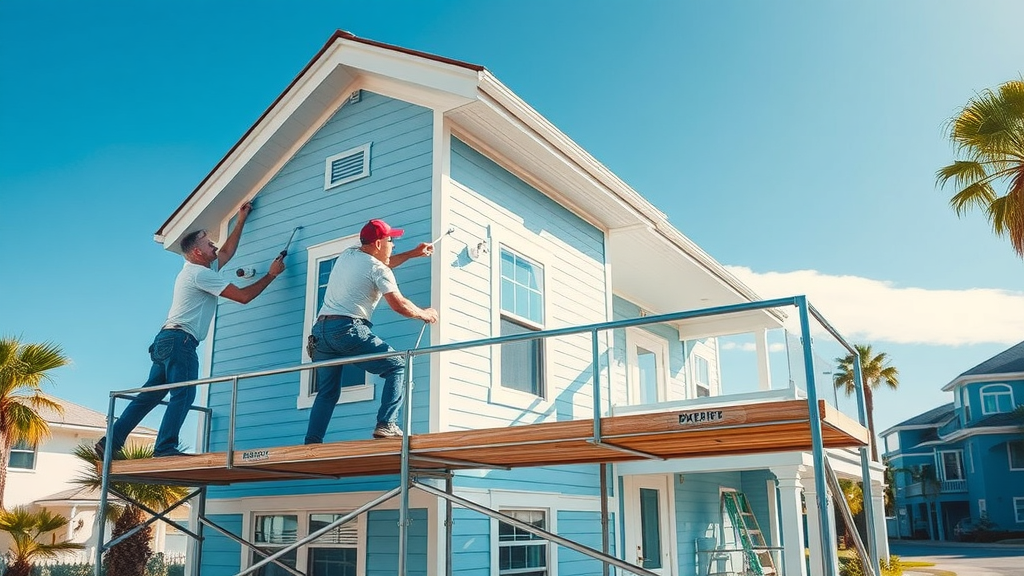 professional painters applying fresh exterior paint on a picturesque Surfside Beach coastal home, using scaffolding, blue sky, palm-lined yard, durable paint application