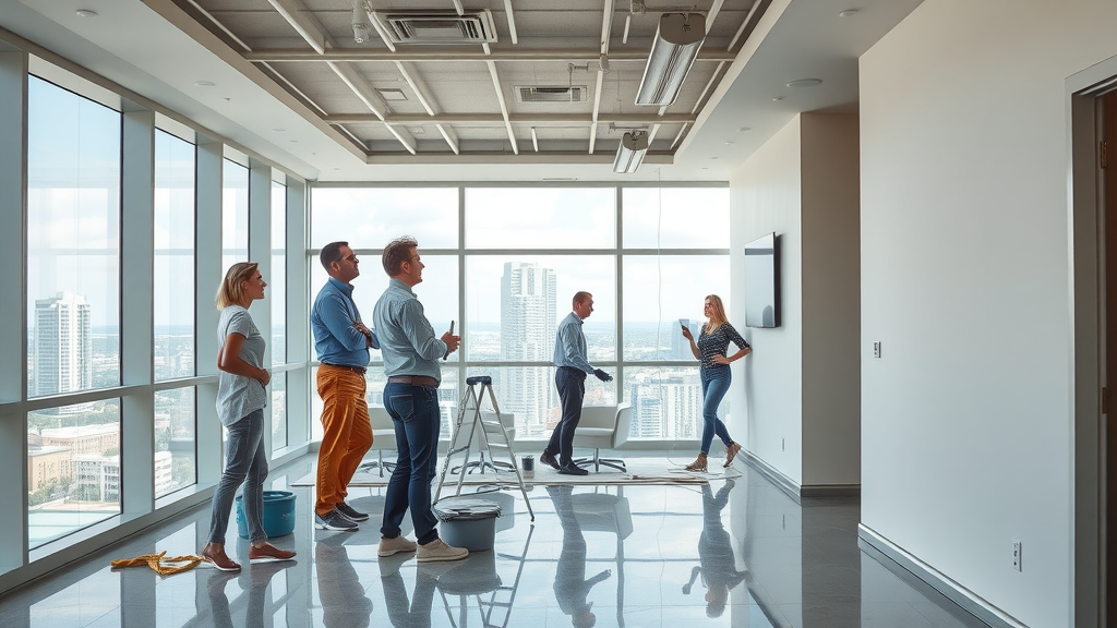 modern commercial office in Grand Strand, crisp professional painting with business professionals admiring the new look, commercial painting services Surfside Beach SC