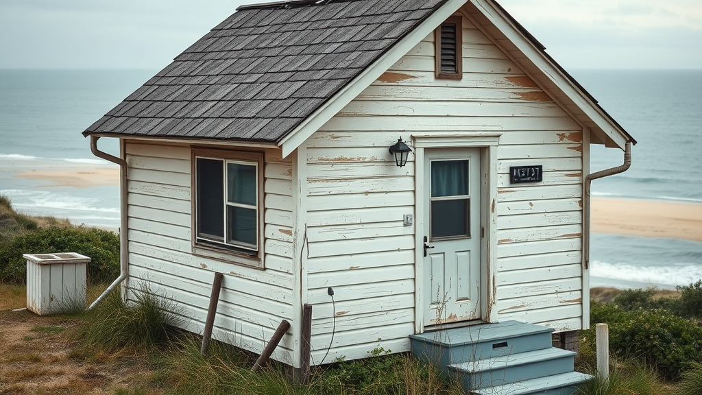 Neglected coastal home exterior with weather-worn features, loose shingles, faded paint, and Atlantic Ocean in the background - home maintenance in surfside beach sc