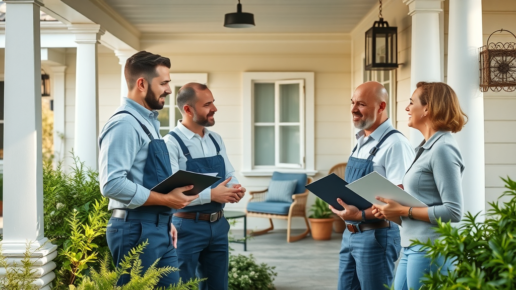 Professional maintenance crew consulting with homeowners on a shaded coastal porch - maintenance service in surfside beach sc