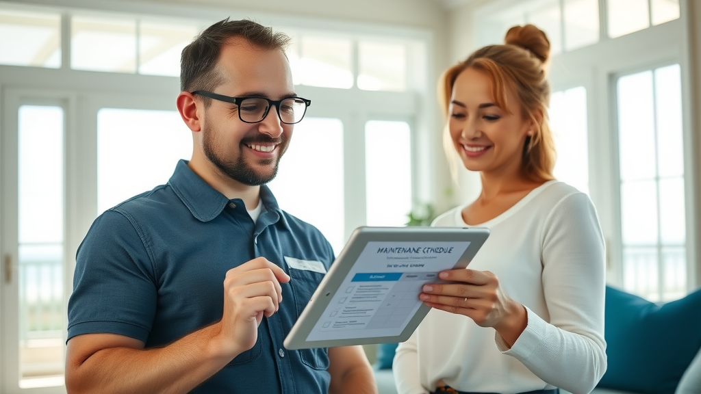 Maintenance technician showing digital maintenance schedule on tablet to homeowner in a modern coastal home - home maintenance services Surfside Beach SC