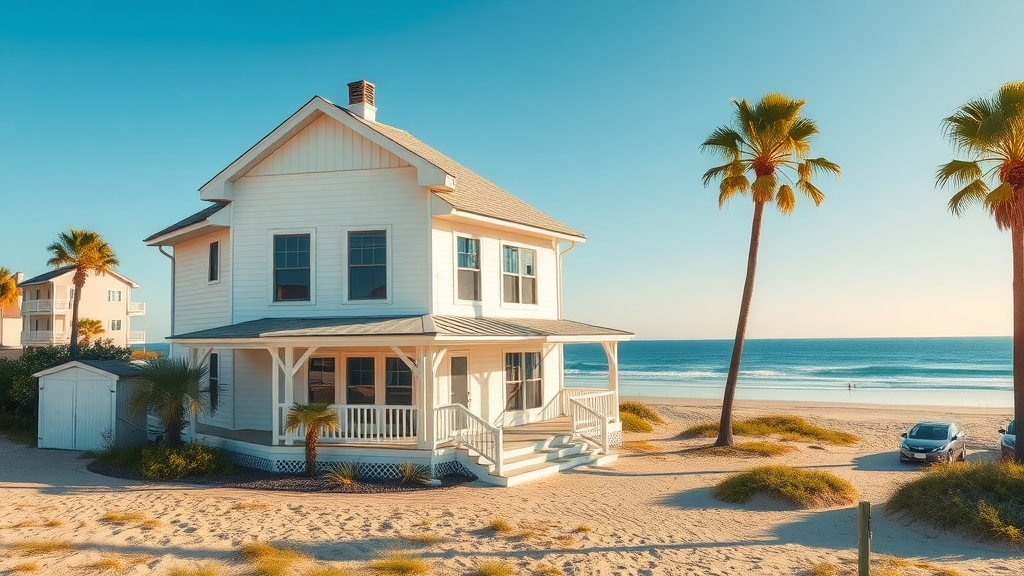 Sunny beachfront property with well-maintained exterior on Myrtle Beach coastline, palm trees, and pristine ocean view