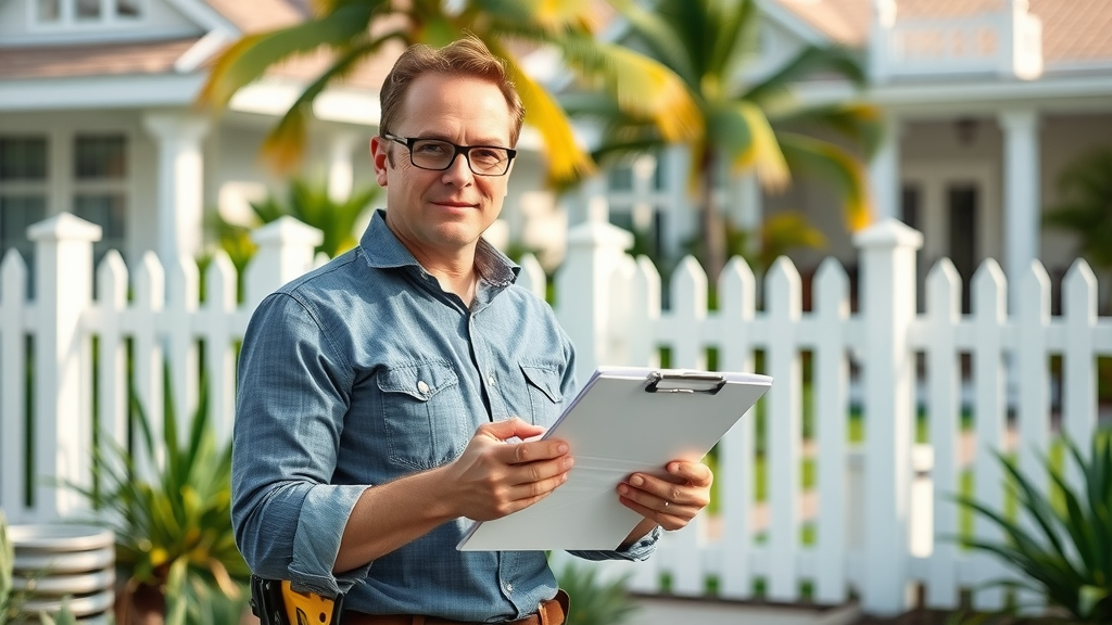 Confident property manager conducting a detailed inspection at a Myrtle Beach beach property with white picket fence and tropical landscaping