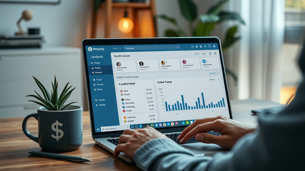 Modern online rental management portal displaying landlord dashboard, payment charts, and notifications for Myrtle Beach property management