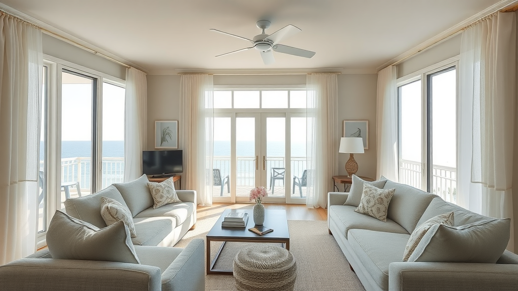 Spotless vacation rental living room staged for new renters, airy coastal interior with ocean view, Myrtle Beach property management excellence