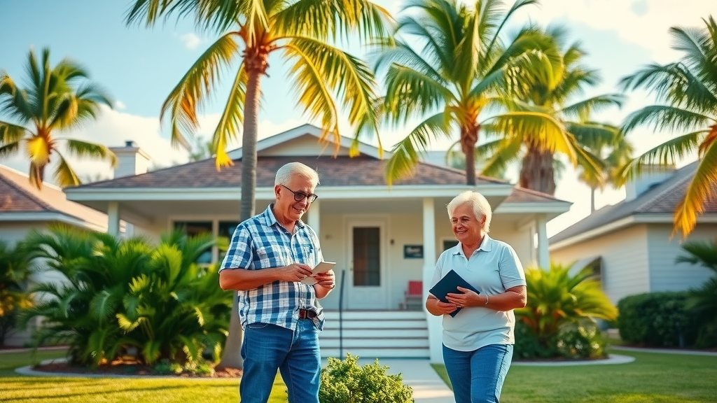 myrtle beach maintenance handyman inspecting repairs with residents at a bungalow, tropical palm street, sharp details, cheerful scene