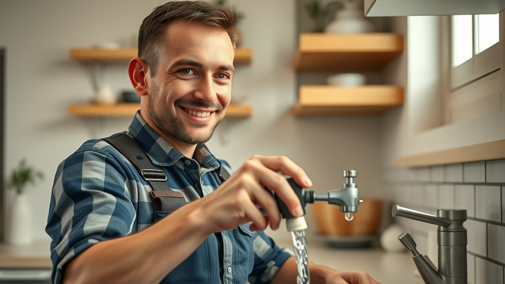 handyman service professional fixing leaky faucet in Myrtle Beach kitchen, water flowing, modern home repair details, smiling uniformed pro