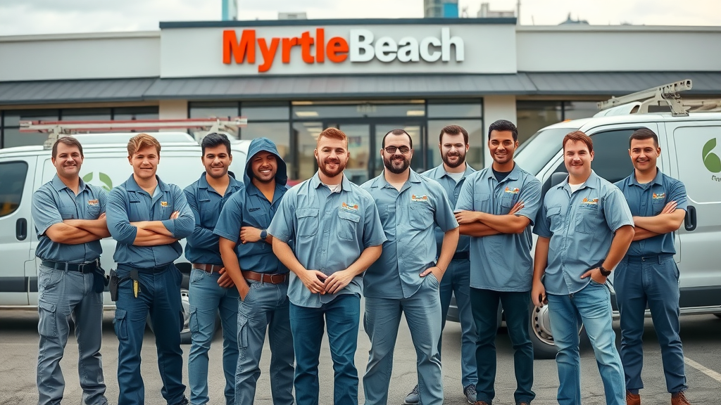 handyman service professional team in Myrtle Beach ready for repairs, work vans, smiling crew at local landmark