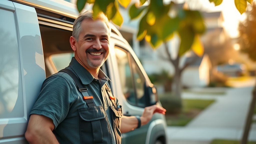 friendly handyman arriving in branded van in Myrtle Beach, residential neighborhood, service professional, golden hour