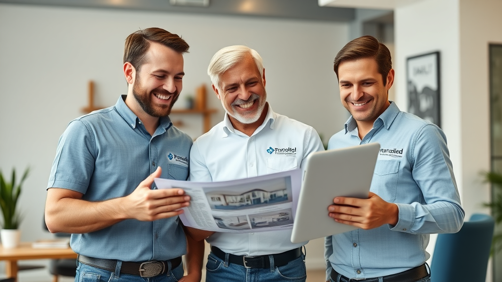 Top kitchen update contractors and happy homeowner in Surfside Beach SC, reviewing remodeling project portfolios and plans in a bright, blue-accented office.