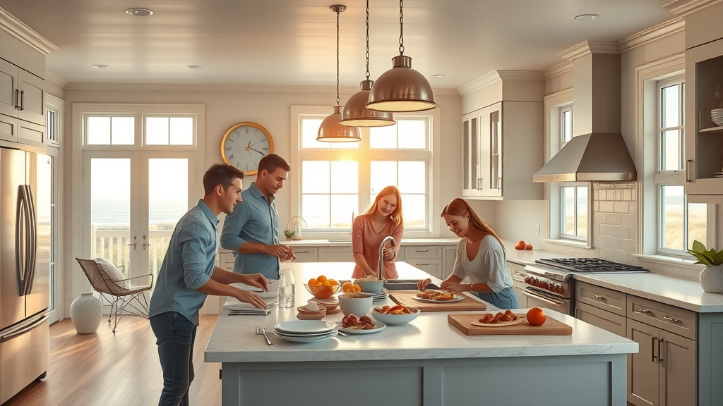 Beautifully renovated kitchen in Surfside Beach SC, family enjoying spacious, bright space, coastal design, large island, sun streaming through windows.