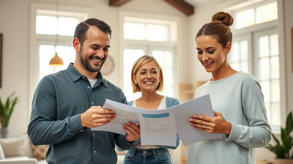 punch list services in surfside beach sc - Vibrant modern family home, satisfied homebuyers inspecting completed punch list repairs, warm inviting colors, high detail, photorealistic