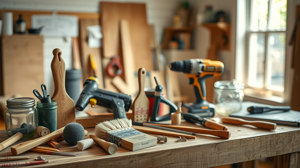 handyman services in surfside beach sc - Diverse handyman tools on wooden workbench, repair jobs in progress, home repair background, daylight