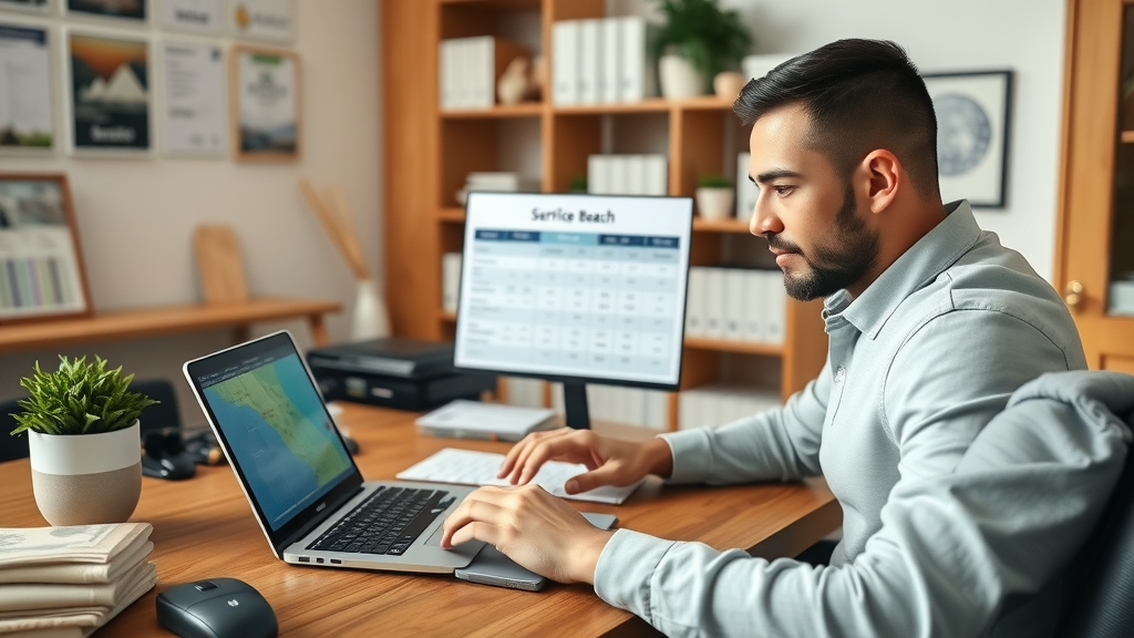 home repair pricing surfside beach sc - Home office, contractor reviewing service packages, local Surfside Beach map, pricing brochures, charts, photorealistic
