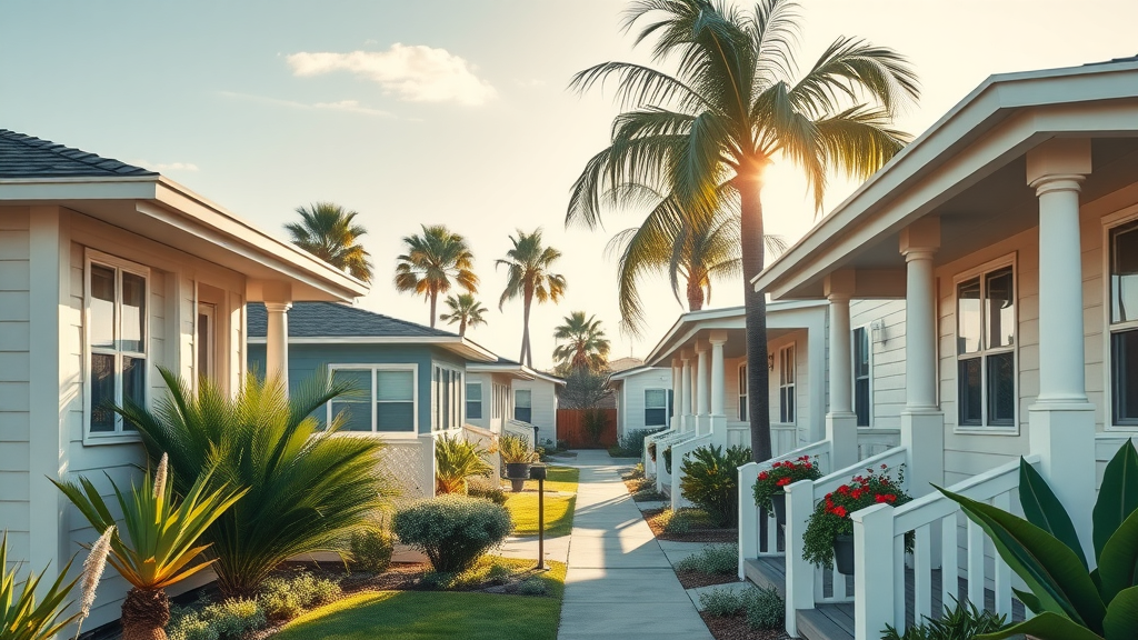 Home upkeep in Myrtle Beach SC—welcoming coastal neighborhood with neatly kept single-family homes, lush gardens, and palm trees in soft sunlight
