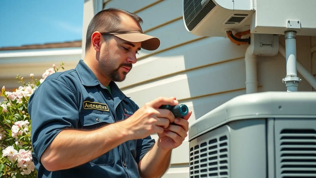 Handyman service in Myrtle Beach SC—diligent uniformed technician inspecting air conditioning unit outside a suburban coastal home