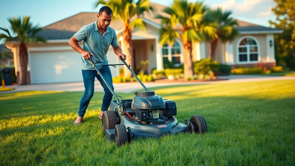 Lawn care specialist in Myrtle Beach SC—focused professional mowing a lush green lawn with palm trees and landscaping in the background