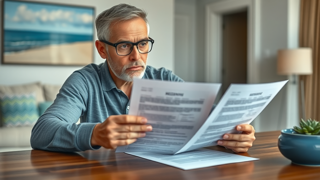 Home service provider agreements—thoughtful Myrtle Beach homeowner reviewing contracts at a bright table, beach-themed art in the background