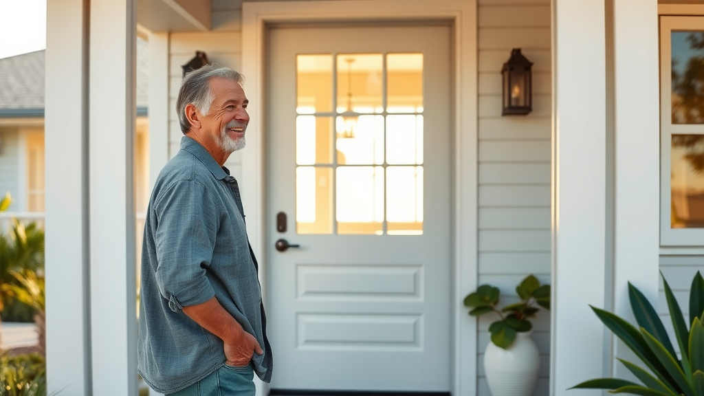 inviting coastal entryway with a newly installed modern front door, smiling homeowner, admiring the door, modern entry door installation in Surfside Beach SC with tropical landscaping and beach-style home