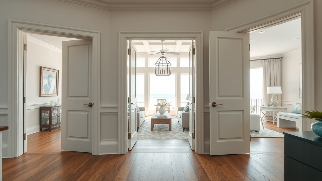 modern and classic interior doors in Surfside Beach home, showing styles, hardwood floors, and coastal decor in new door installation