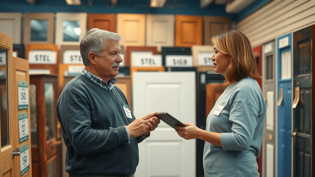 showroom for door installation in Surfside Beach SC featuring door types and pricing tags, helpful staff showing options