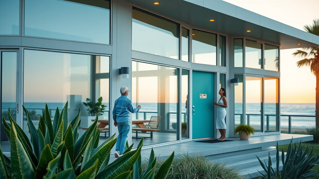 modern Surfside Beach home exterior showing trending colored doors and energy-efficient window and door upgrades