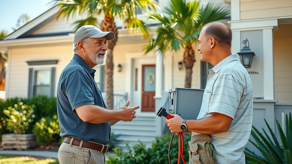 Minor electrical repair in Surfside Beach SC: electrician inspecting fuse box outside suburban home with palm trees and manicured yard