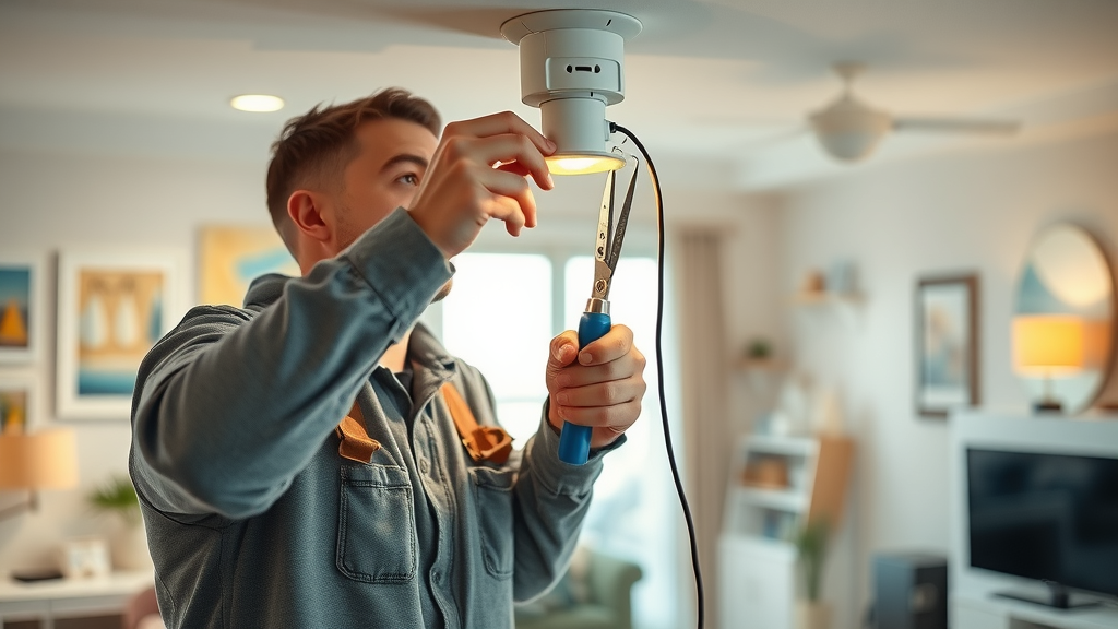 Electrician performing minor electrical repair in Surfside Beach SC, replacing a socket indoors with coastal decor and warm lighting