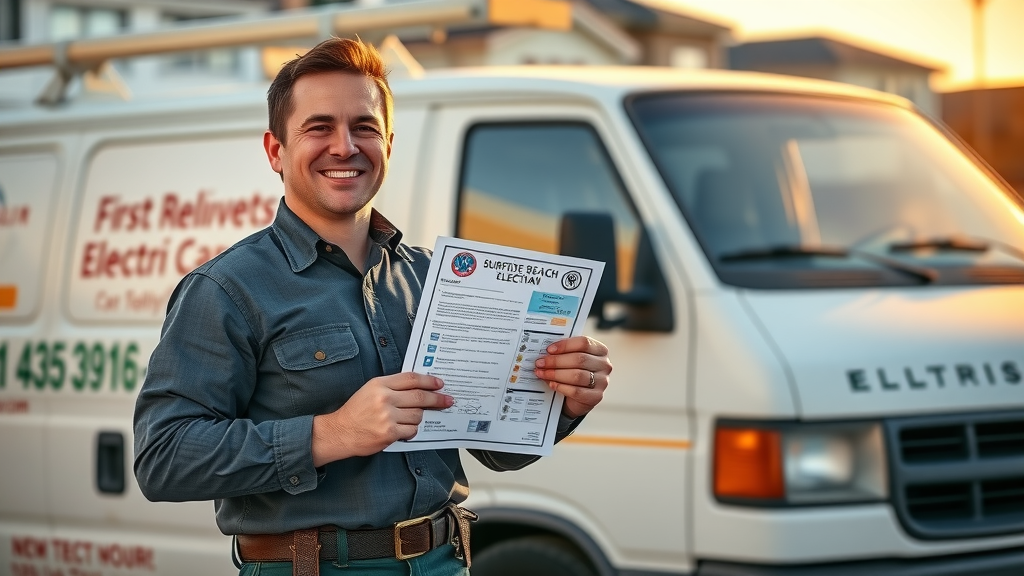 Licensed and insured electrician holding certification by service van in Surfside Beach neighborhood during sunset