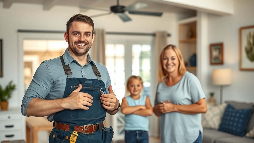 Peace of mind after minor electrical repair in Surfside Beach SC: smiling electrician with grateful family in coastal-style living room