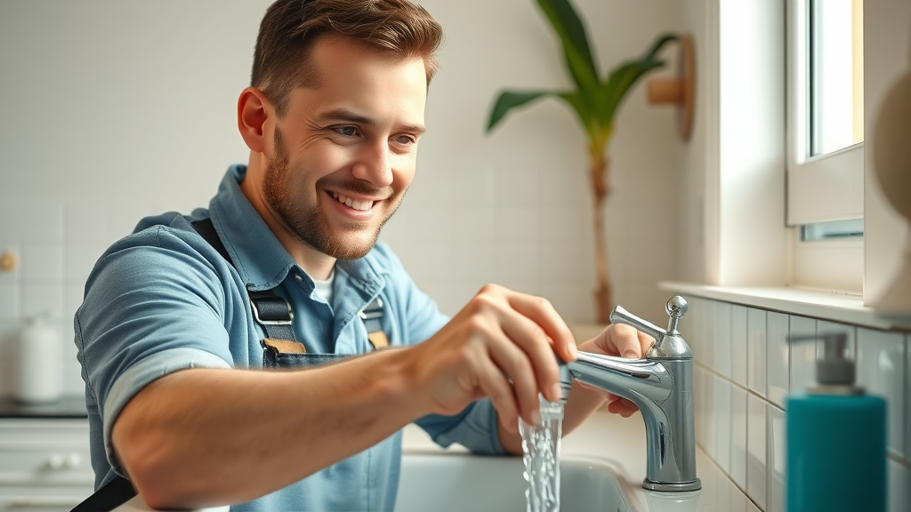 Smiling local plumber inspecting kitchen sink faucet for leaks in Surfside Beach home, minor plumbing repair in surfside beach sc, water droplets in motion, sunlit coastal decor