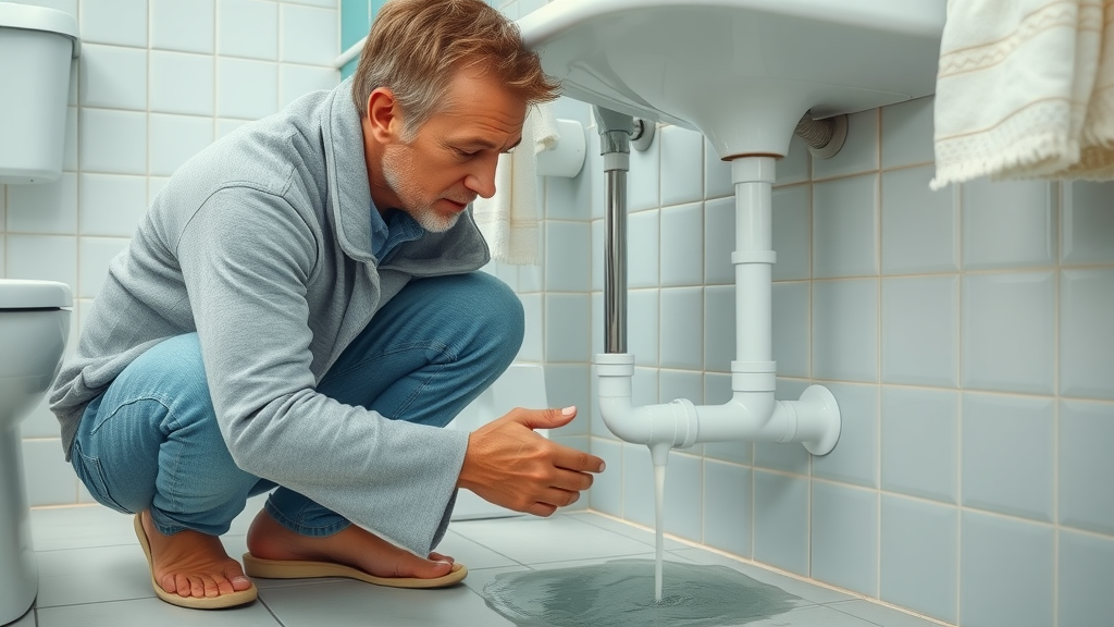 Homeowner checking pipes for minor leak under bathroom sink, minor plumbing repair in surfside beach sc, pastel bathroom, high detail