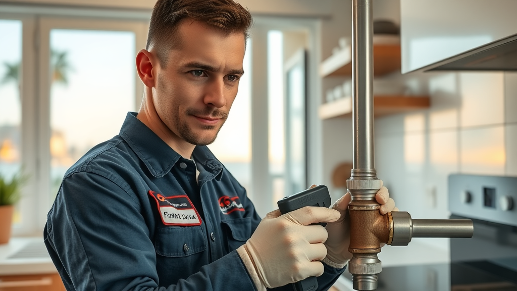 Experienced plumber repairing kitchen pipe joint, professional plumbing services in surfside beach sc, modern kitchen, brand uniform
