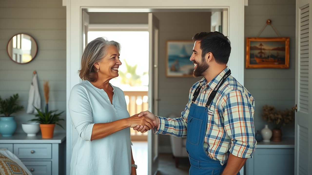 Grateful homeowner shaking hands with plumber after minor plumbing repair in surfside beach sc, beach decor, customer satisfaction