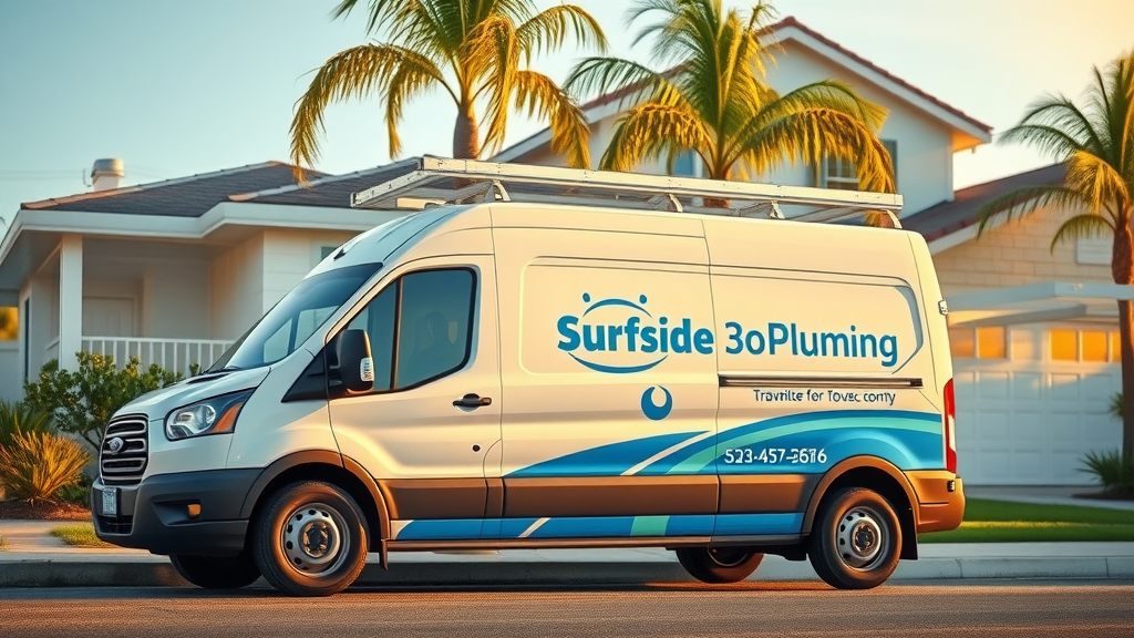Dependable plumbing service van in Surfside Beach neighborhood, technician ready, blue and white coastal scene, minor plumbing repair in surfside beach sc