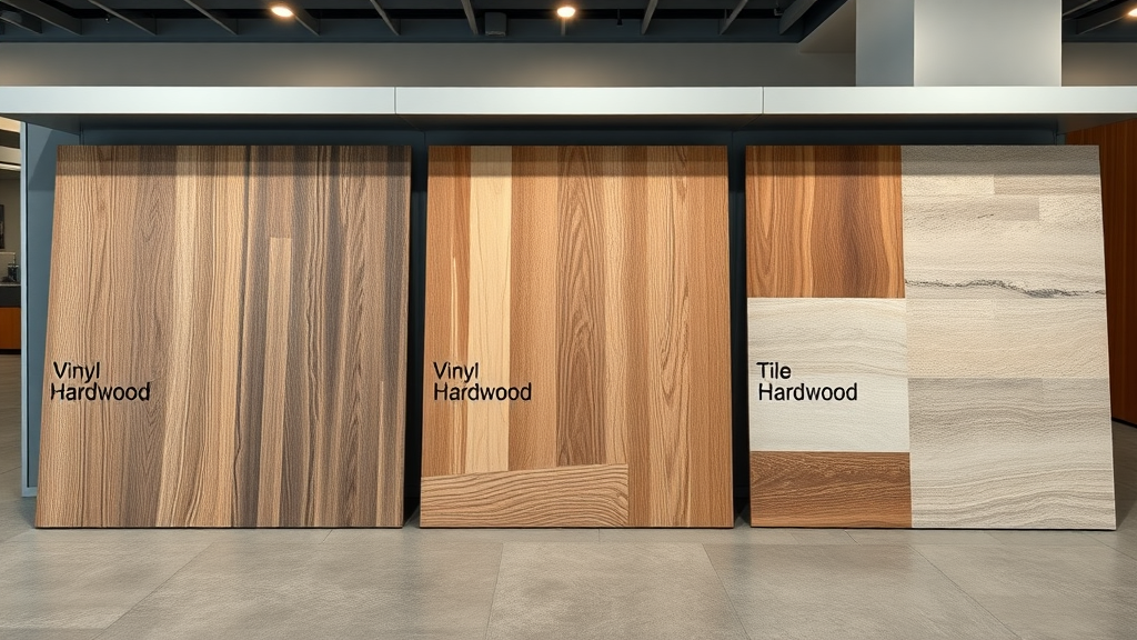 Surfside Beach SC flooring comparison - vinyl, hardwood, and tile flooring samples side by side with detailed textures