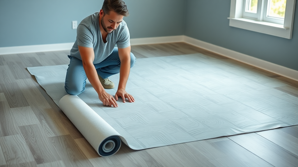 Vinyl floor installation step in Surfside Beach SC - professional installer unrolling underlayment on subfloor before vinyl flooring