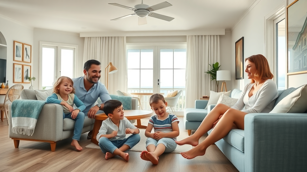Happy family and children enjoying new vinyl floors in their Surfside Beach SC home—bright and stylish living room with modern vinyl flooring