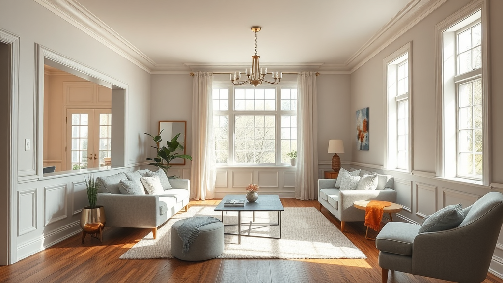 inviting modern living room interior with well-finished baseboards and elegant trim in Surfside Beach SC, abundant natural daylight, crisp warm tones
