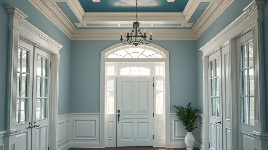 elegant entryway in a coastal Carolina home with sophisticated crown molding and detailed door and window trim in Surfside Beach, sea-inspired and highly detailed
