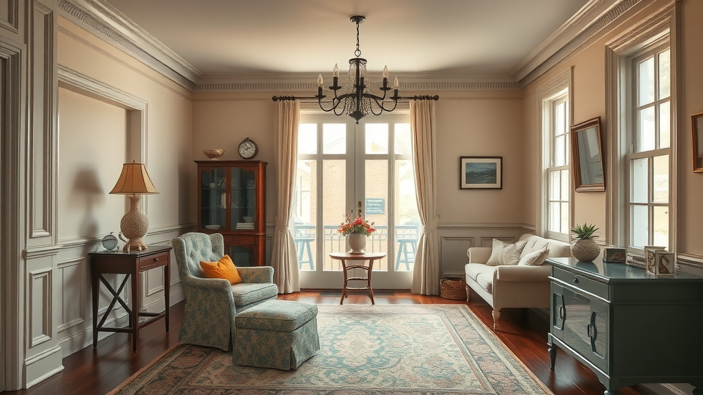 charming southern-style living space with intricate classic baseboards and crown moulding in Surfside Beach SC, soft pastel walls, vintage details