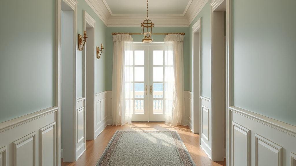 coastal South Carolina home hallway with refined baseboards and trim, fresh and immaculate, tranquil seascape outside window, seafoam green tones