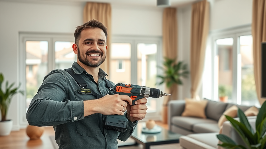 Furniture assembly in Surfside Beach SC: handyman assembling elegant furniture in a bright living room with modern decor, Surfside Beach home