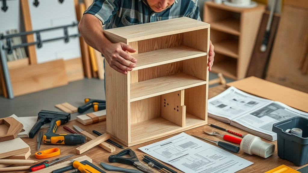Furniture assembly in Surfside Beach SC: organized tools and manuals, assembler working on sleek bookshelf, Surfside Beach workshop, modern home setup