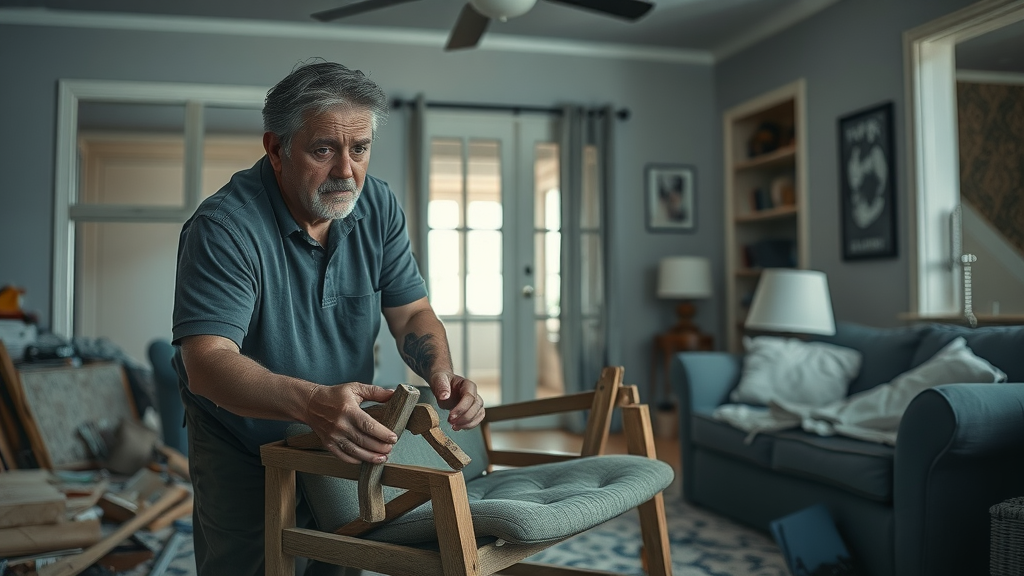 Dramatic statistic: Furniture assembly result gone wrong, worried Surfside Beach homeowner with damaged self-assembled furniture, chaotic room