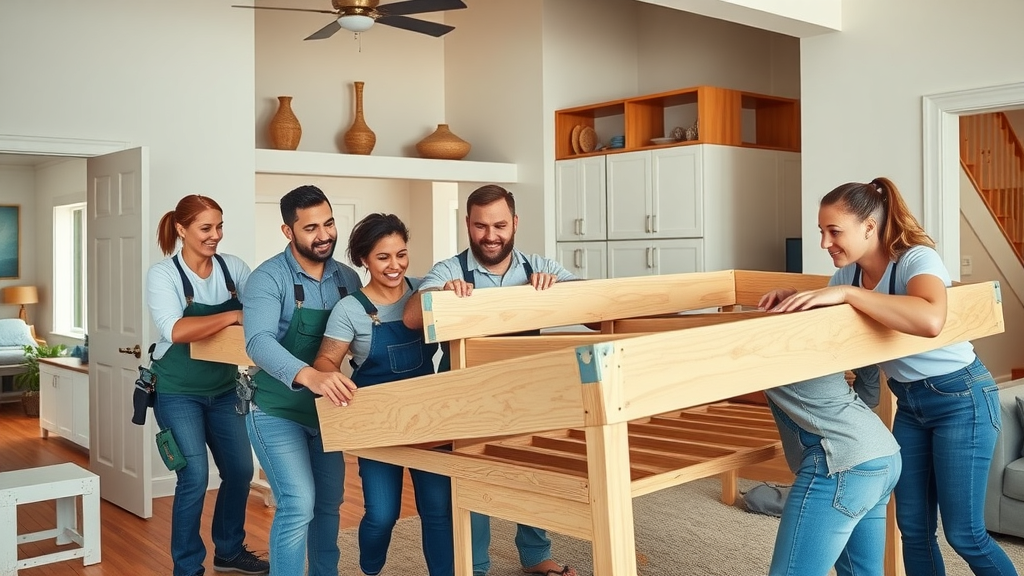 Team of professional assemblers installing furniture in Surfside Beach SC home, teamwork and diverse service options for assembly