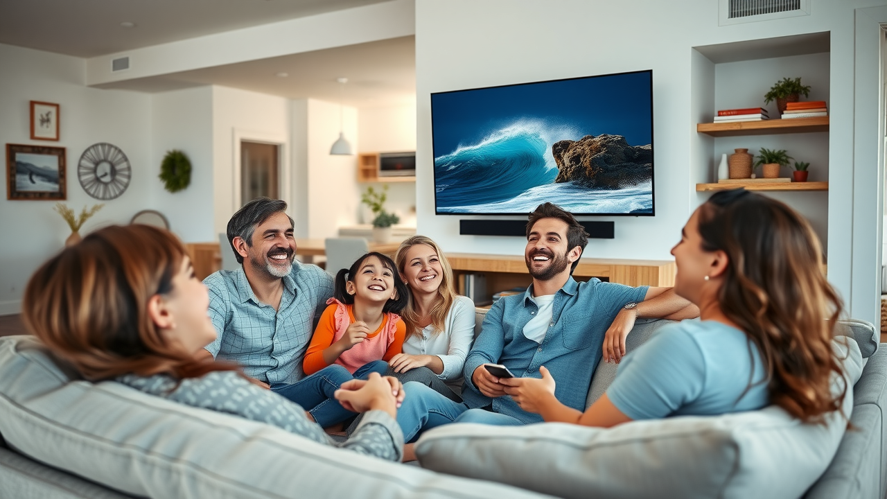 Family enjoying professionally mounted TV in Surfside Beach SC living room, tv mounting services in surfside beach sc, myrtle beach, south carolina, coastal decor, relaxed atmosphere, photorealistic