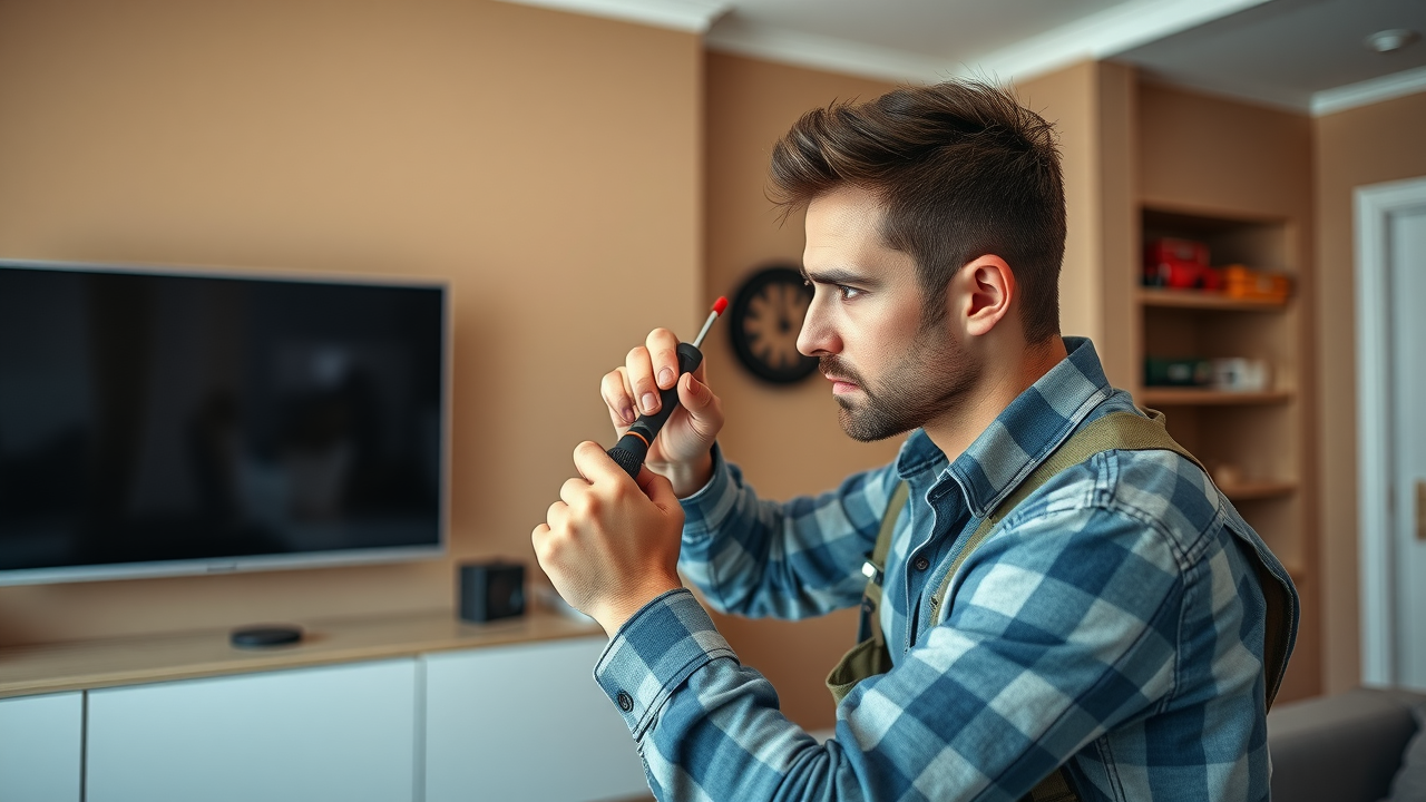 Technician professionally installing a TV wall mount bracket, tv mounting services in surfside beach sc, wall mount, mounting service, detailed setup, south carolina home, photorealistic